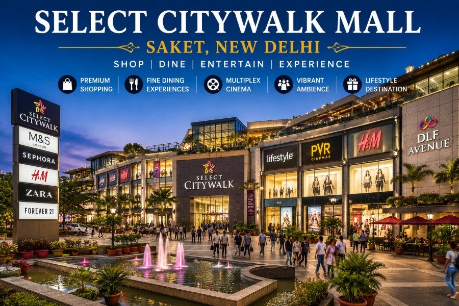 Select CITYWALK Mall in Saket, New Delhi featuring modern architecture, luxury retail stores, landscaped plaza and shoppers