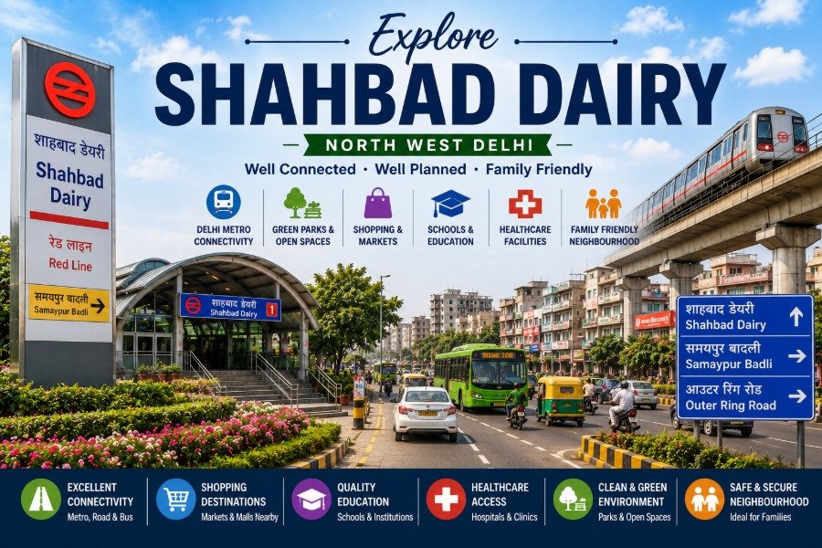 Shahbad Dairy in North West Delhi featuring Shahbad Dairy Metro Station, residential neighbourhoods, NH-44 GT Karnal Road, local markets and modern urban development