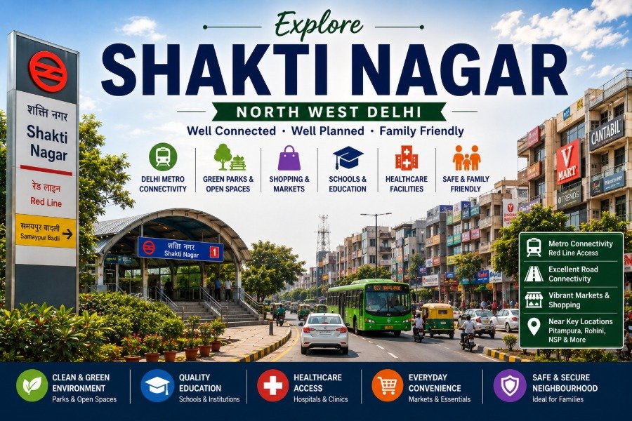 Shakti Nagar in North Delhi featuring tree-lined streets, heritage residential neighbourhoods, bustling markets, cafés, Delhi University proximity and GT Karnal Road connectivity