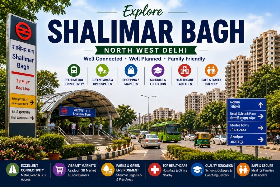 Shalimar Bagh in North West Delhi featuring DDA District Park, tree-lined residential streets, shopping markets, modern apartments and excellent Metro connectivity