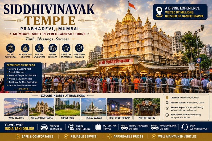 Shree Siddhivinayak Ganapati Temple in Prabhadevi with its golden dome, devotees and traditional temple architecture