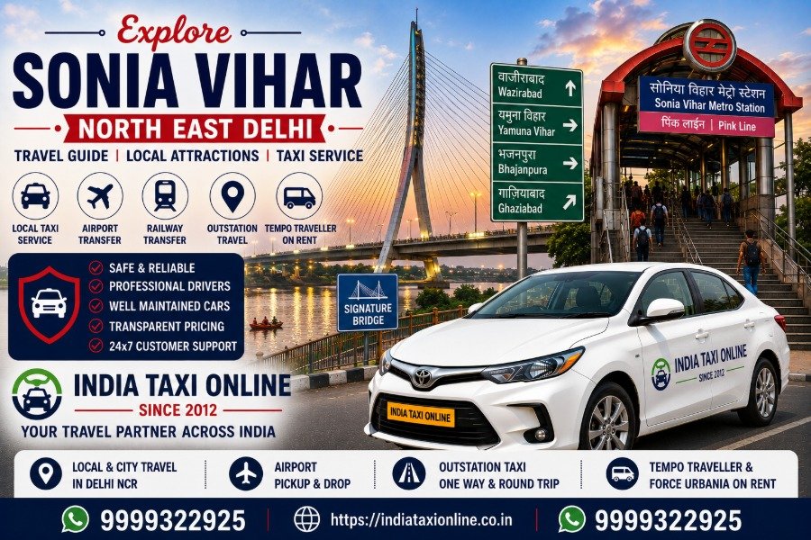 Sonia Vihar in North East Delhi featuring Signature Bridge, nearby Metro connectivity and reliable taxi services by India Taxi Online.