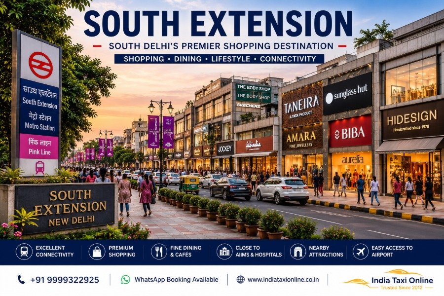 South Extension in South Delhi featuring premium shopping streets, designer boutiques, luxury jewellery stores, cafés, and modern commercial avenues