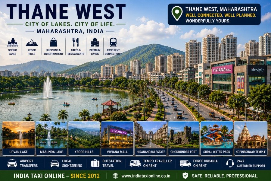 Scenic Thane West featuring Upvan Lake, Yeoor Hills, modern skyline, shopping malls and premium residential communities