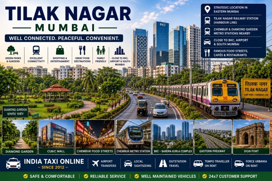 Tilak Nagar Mumbai featuring green parks, residential skyline, nearby Chembur attractions and modern transport connectivity