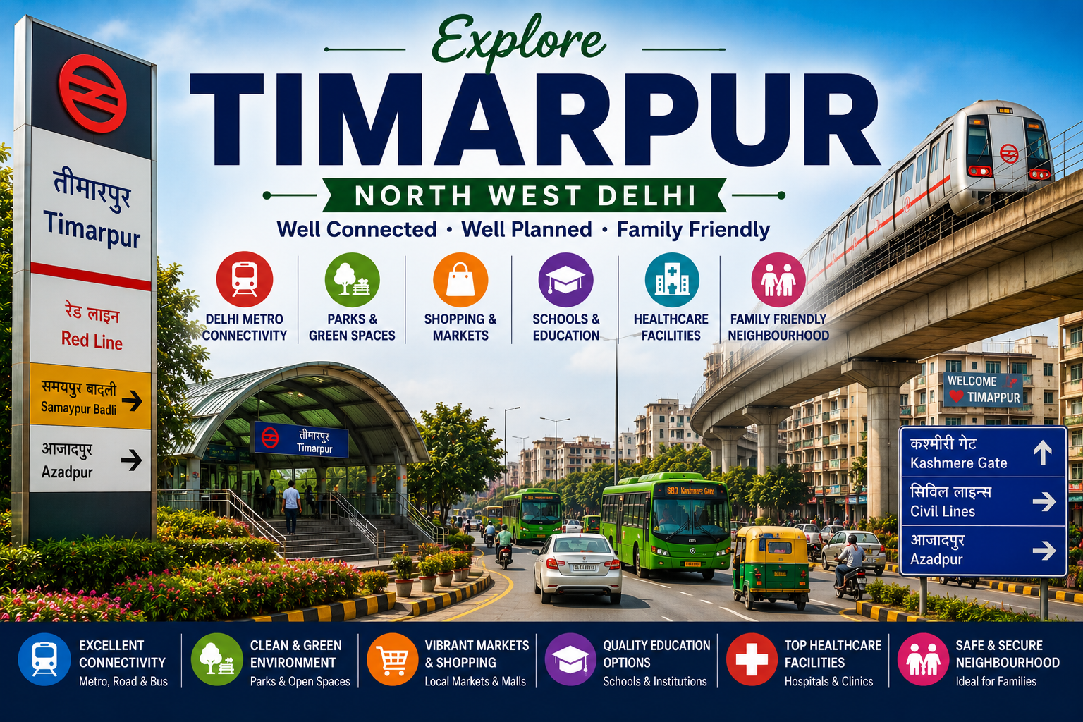 Timarpur in North Delhi featuring tree-lined residential streets, heritage government colonies, Yamuna Biodiversity Park, Delhi University proximity and peaceful green surroundings