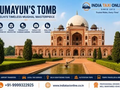 Humayun's Tomb in Delhi surrounded by Charbagh gardens under a clear blue sky.