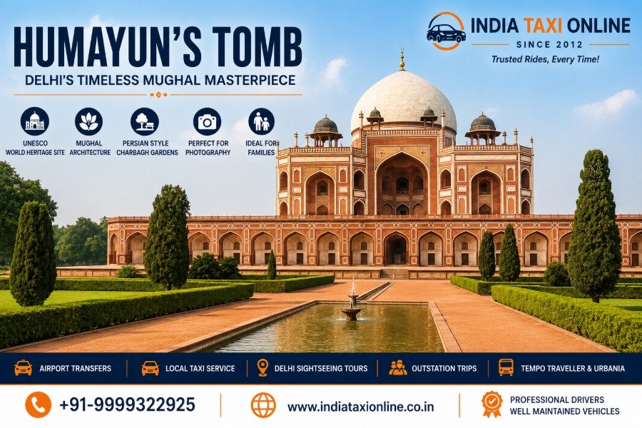 Humayun's Tomb in Delhi surrounded by Charbagh gardens under a clear blue sky.