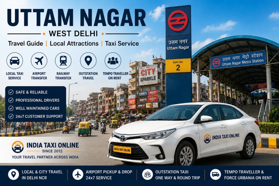 View of Uttam Nagar in West Delhi showing metro connectivity, shopping markets and reliable taxi services by India Taxi Online.