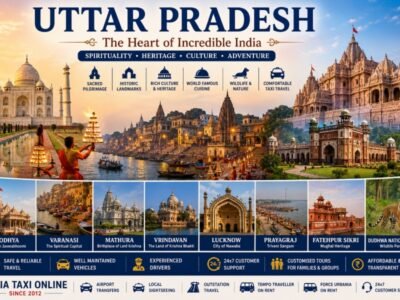 Uttar Pradesh featuring the Taj Mahal, Ram Mandir Ayodhya, Varanasi Ghats, Bara Imambara, Krishna temples and cultural landmarks