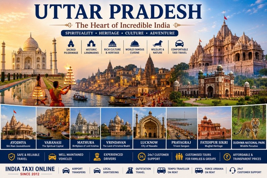 Uttar Pradesh featuring the Taj Mahal, Ram Mandir Ayodhya, Varanasi Ghats, Bara Imambara, Krishna temples and cultural landmarks
