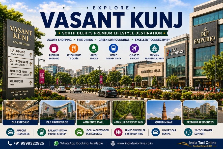 Vasant Kunj in South Delhi featuring DLF Emporio, DLF Promenade, Ambience Mall, luxury residences, tree-lined roads, and premium shopping destinations