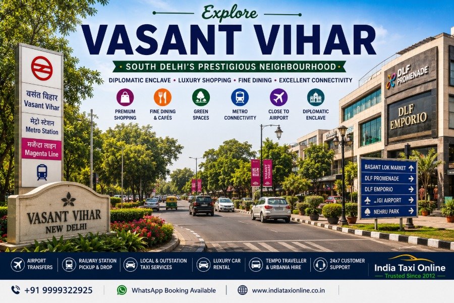 Vasant Vihar in South Delhi featuring Basant Lok Market, tree-lined avenues, luxury residences, diplomatic enclave, premium shopping, and excellent connectivity
