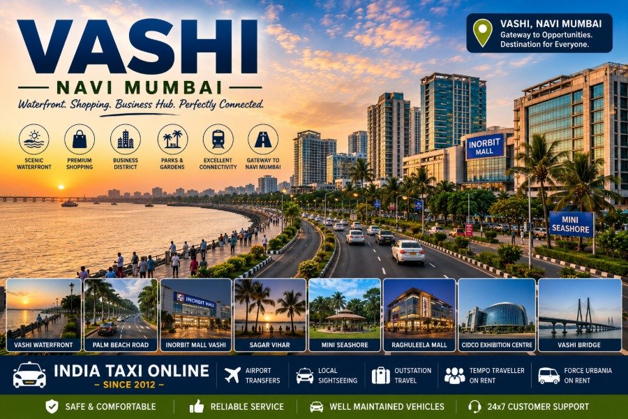 Scenic Vashi waterfront featuring Palm Beach Road, skyline, creek promenade and modern Navi Mumbai cityscape