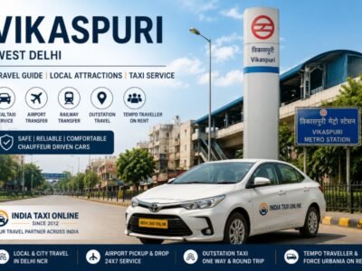 Street view of Vikaspuri in West Delhi with metro connectivity, parks, shopping areas and taxi services by India Taxi Online.