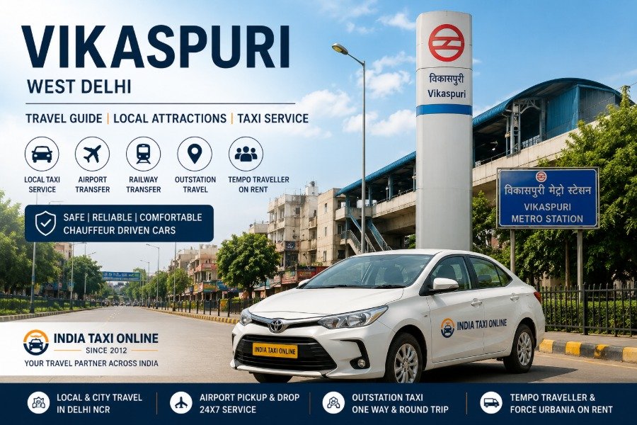 Street view of Vikaspuri in West Delhi with metro connectivity, parks, shopping areas and taxi services by India Taxi Online.