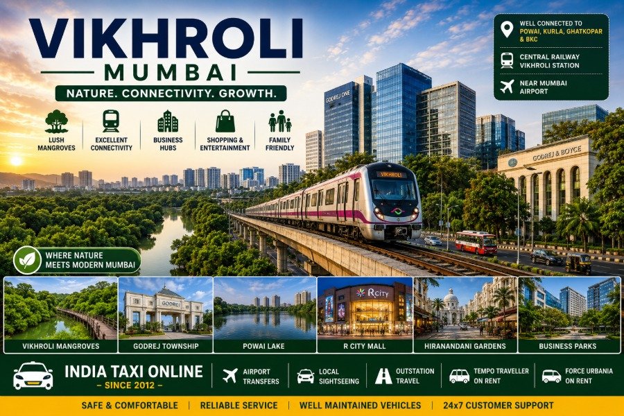 Vikhroli Mumbai featuring mangrove forests, Godrej Township, Powai skyline and modern business parks