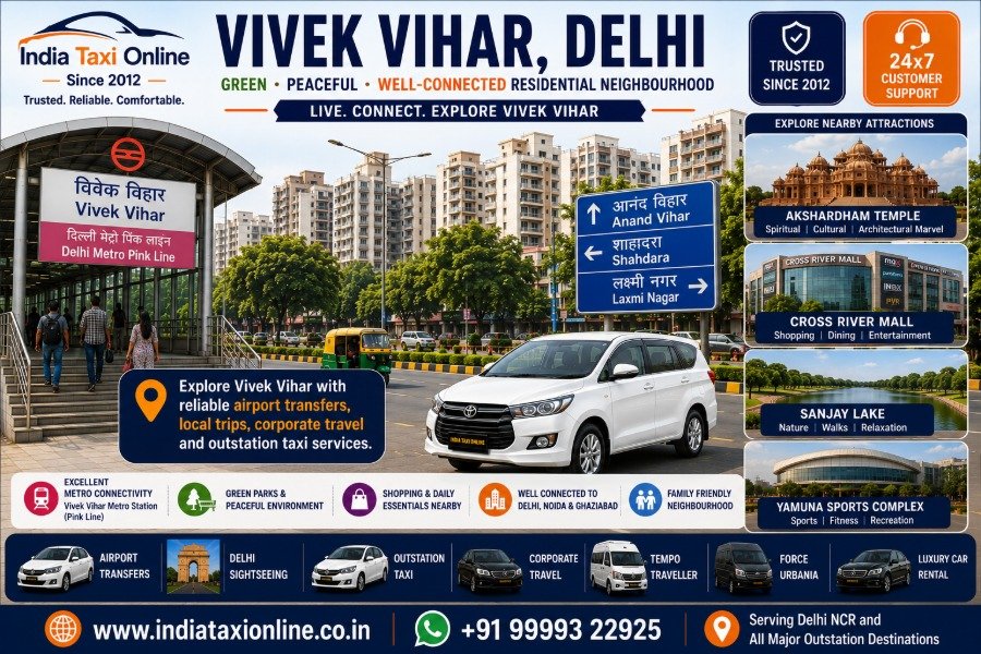 Vivek Vihar Metro Station, green residential neighbourhood, parks and modern streets in East Delhi.