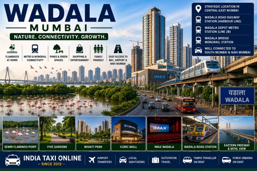 Scenic view of Wadala Mumbai featuring modern skyline, flamingos, harbour, Monorail and green parks