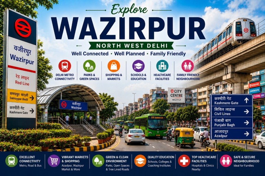 Wazirpur in North West Delhi featuring Wazirpur Industrial Area, steel market, commercial buildings, modern roads and excellent Metro connectivity