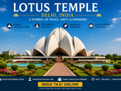 White marble Lotus Temple in New Delhi surrounded by gardens and reflecting pools under a clear blue sky