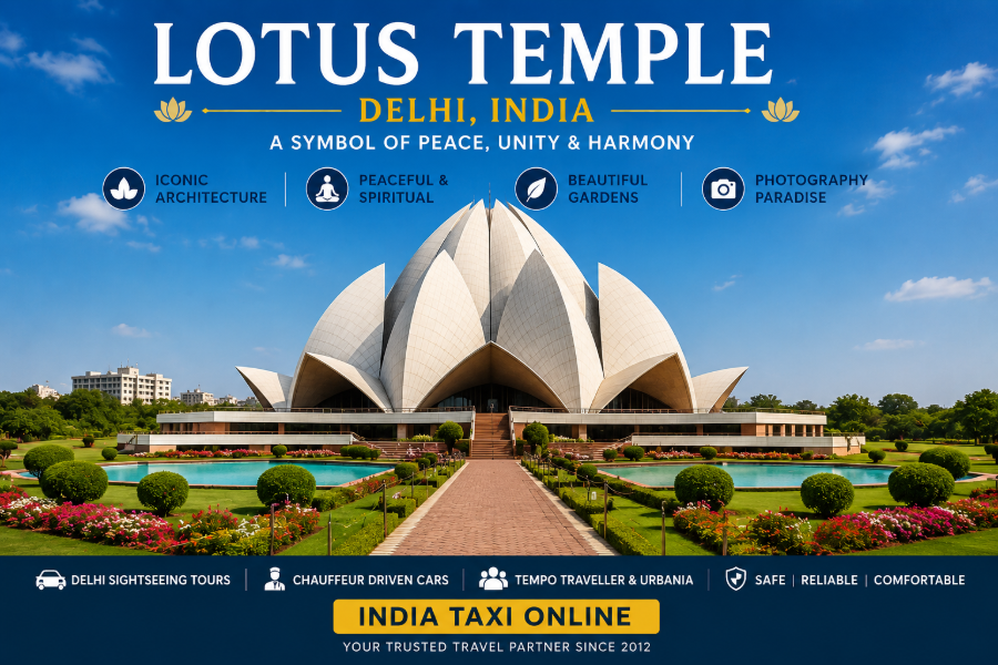 White marble Lotus Temple in New Delhi surrounded by gardens and reflecting pools under a clear blue sky