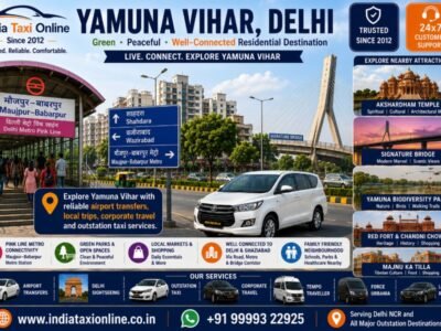 Yamuna Vihar residential neighbourhood, parks, local market, Signature Bridge and Metro connectivity in North East Delhi.