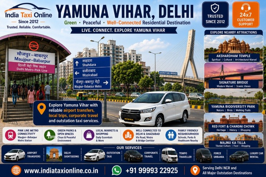Yamuna Vihar residential neighbourhood, parks, local market, Signature Bridge and Metro connectivity in North East Delhi.