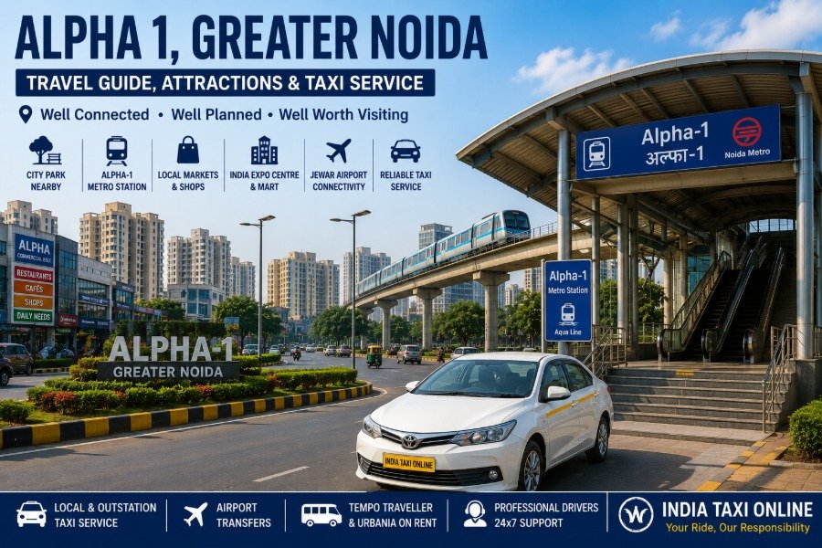 Alpha 1 Greater Noida with Aqua Line metro station, local market and modern city roads