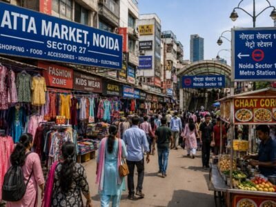 Busy Atta Market in Noida Sector 27 with clothing shops, shoppers and local market streets