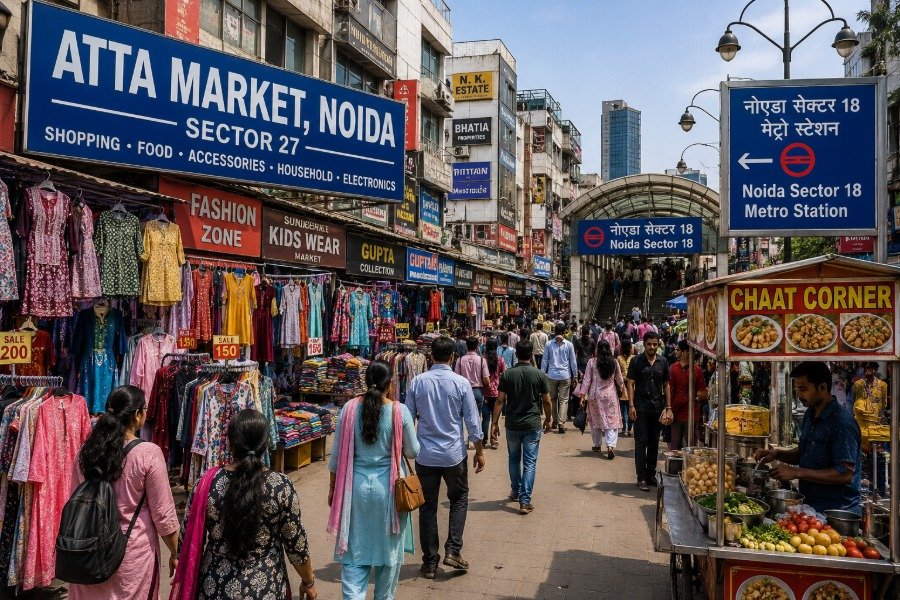Busy Atta Market in Noida Sector 27 with clothing shops, shoppers and local market streets