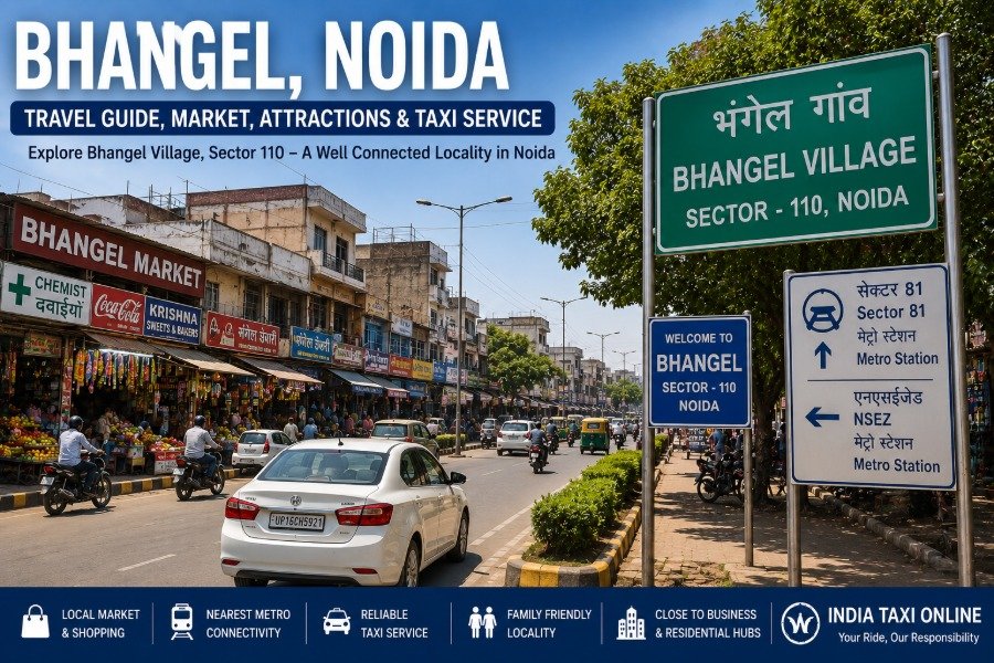 Bhangel Village and local market in Sector 110 Noida with busy roads, shops and urban surroundings