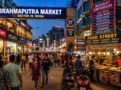 Busy Brahmaputra Market in Sector 29 Noida with local shops and street food