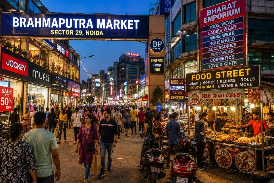 Busy Brahmaputra Market in Sector 29 Noida with local shops and street food