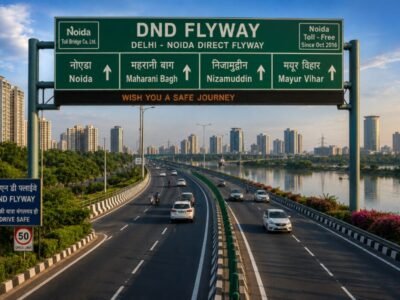 DND Flyway connecting Noida and Delhi across the Yamuna with modern city skyline
