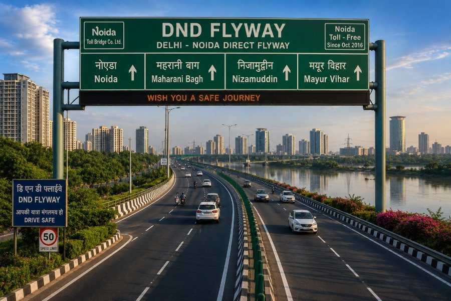 DND Flyway connecting Noida and Delhi across the Yamuna with modern city skyline