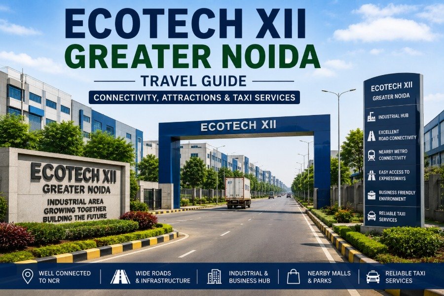 Ecotech XII Greater Noida industrial area with roads, business facilities and landscaped surroundings