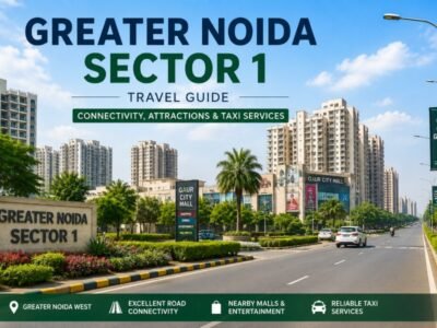 Greater Noida Sector 1 Travel Guide Greater Noida Sector 1 road, residential buildings and green landscaped surroundings