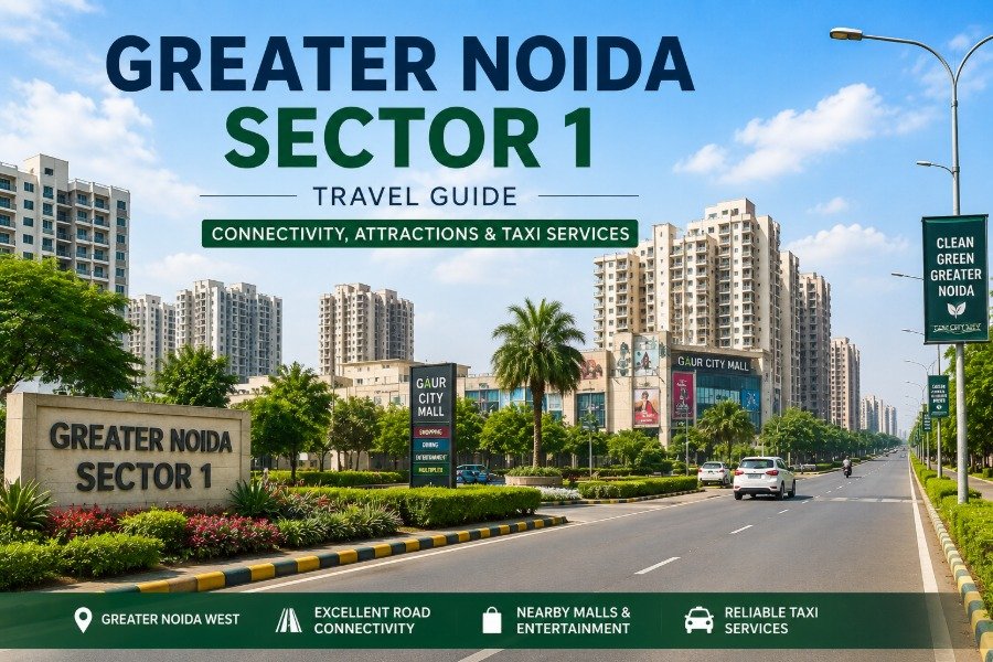 Greater Noida Sector 1 road, residential buildings and green landscaped surroundings