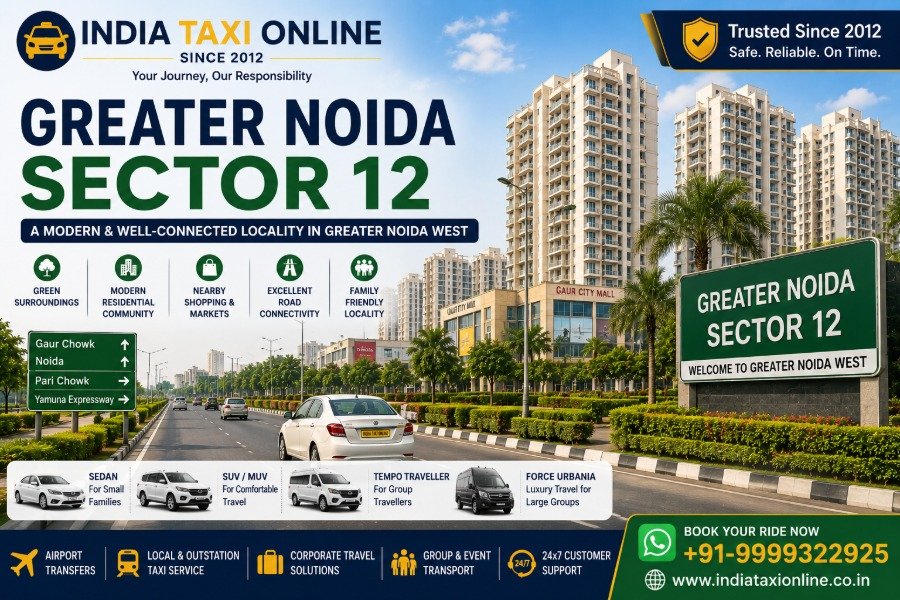 Greater Noida Sector 12 West with modern residential towers, landscaped roads and Greater Noida West surroundings