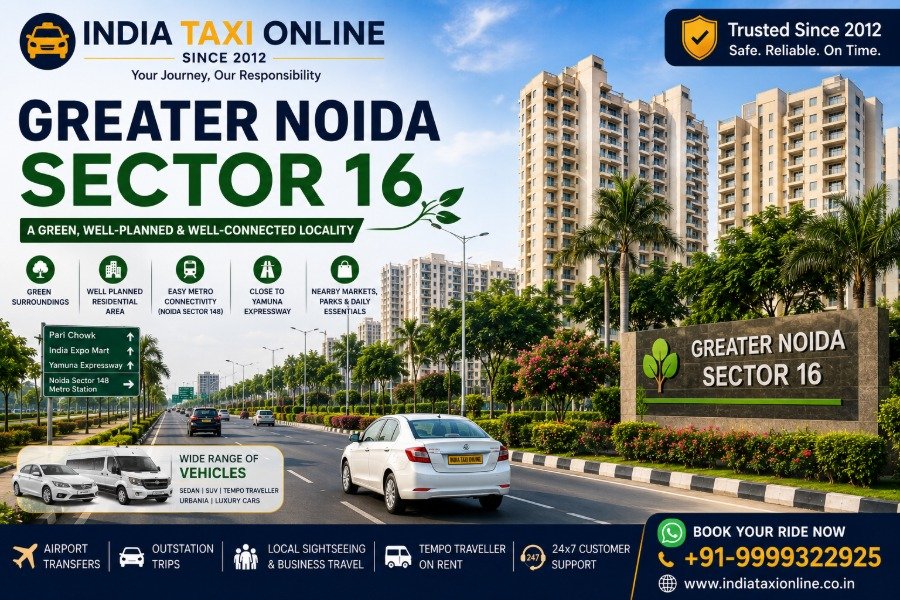 Greater Noida Sector 16 with wide roads, residential buildings, greenery and modern Greater Noida surroundings