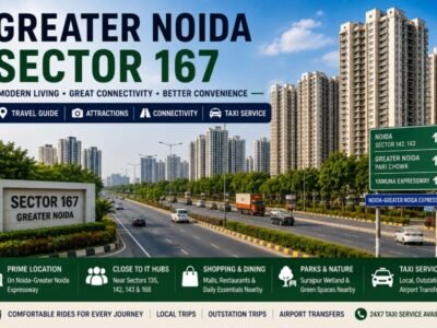 Sector 167 along the Noida Greater Noida Expressway with modern urban development and landscaped roads