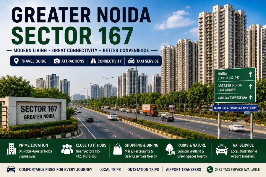 Sector 167 along the Noida Greater Noida Expressway with modern urban development and landscaped roads
