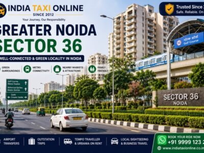 Sector 36 Noida with landscaped roads, residential buildings and Golf Course Metro connectivity