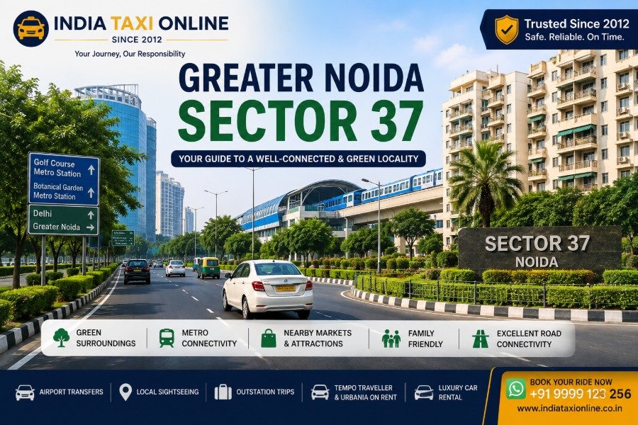 Sector 37 Noida with landscaped roads, modern buildings and nearby Golf Course Metro connectivity