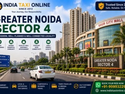 Greater Noida Sector 4 with Gaur City, modern residential towers, landscaped roads and Greater Noida West surroundings
