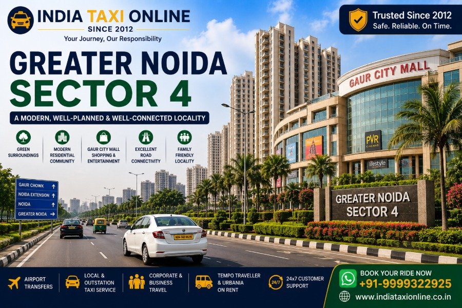 Greater Noida Sector 4 with Gaur City, modern residential towers, landscaped roads and Greater Noida West surroundings