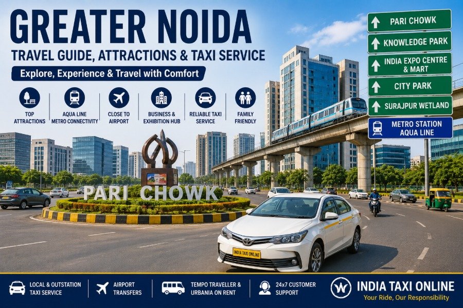 Greater Noida city road near Pari Chowk with modern buildings, metro connectivity and taxi service