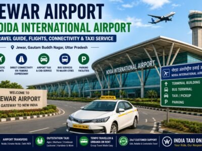 Noida International Airport at Jewar with modern terminal, aircraft, road connectivity and taxi service