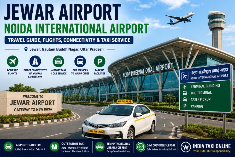 Noida International Airport at Jewar with modern terminal, aircraft, road connectivity and taxi service